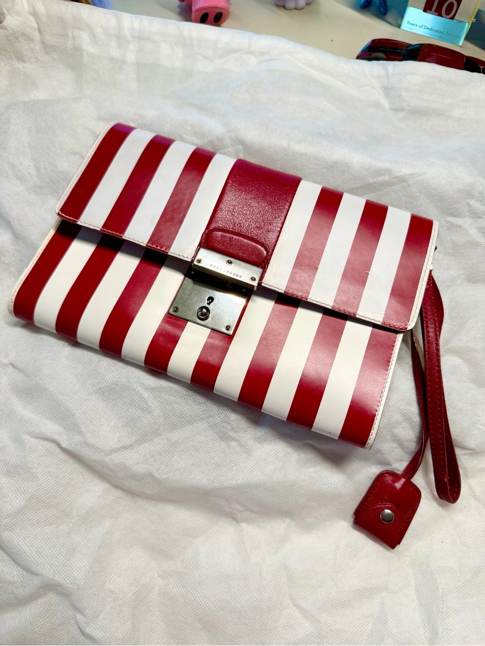 Marc Jacobs Isobel Runway Red White Striped Leather Push Lock Clutch Bag Vintage - Picture 5 of 16
